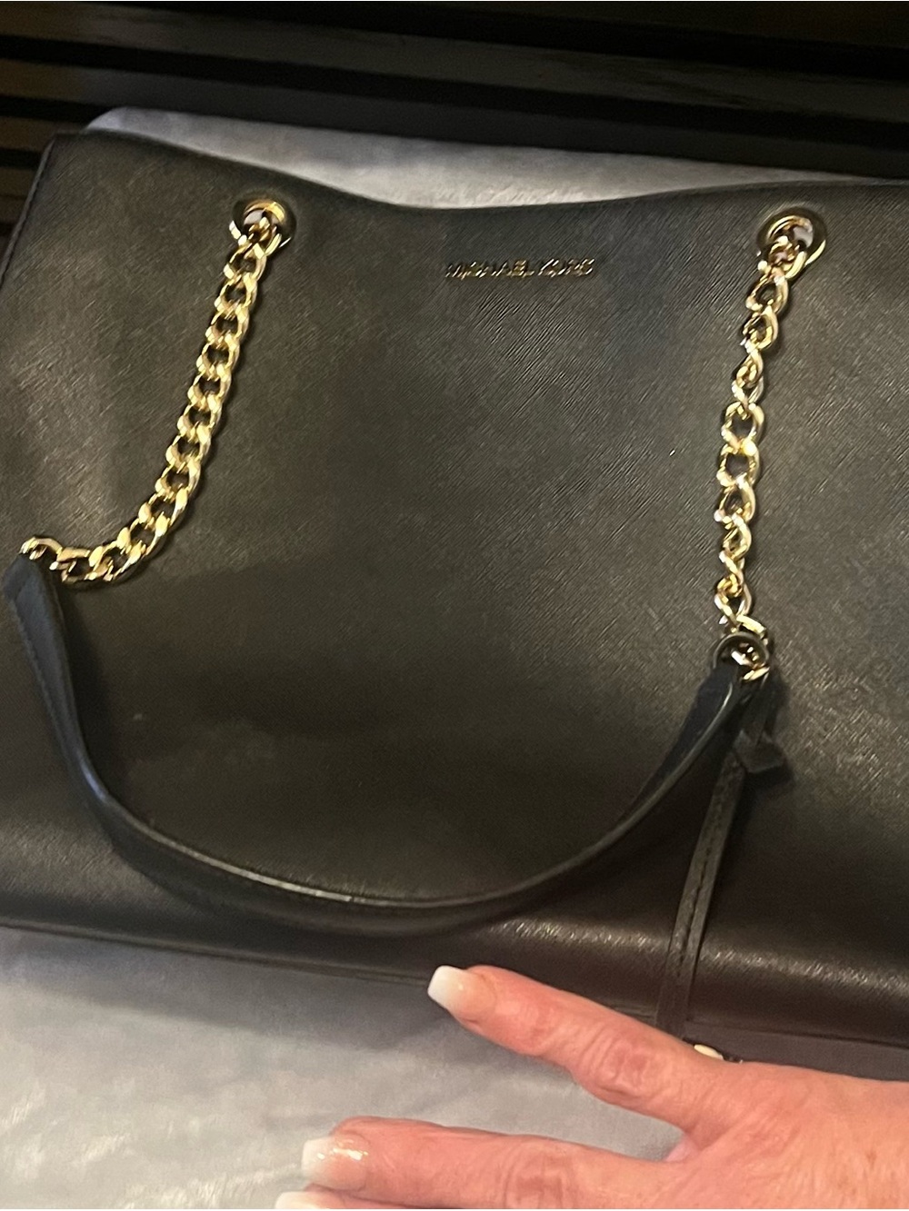 Michael Kors Black Leather Tote with Gold Chain Handles